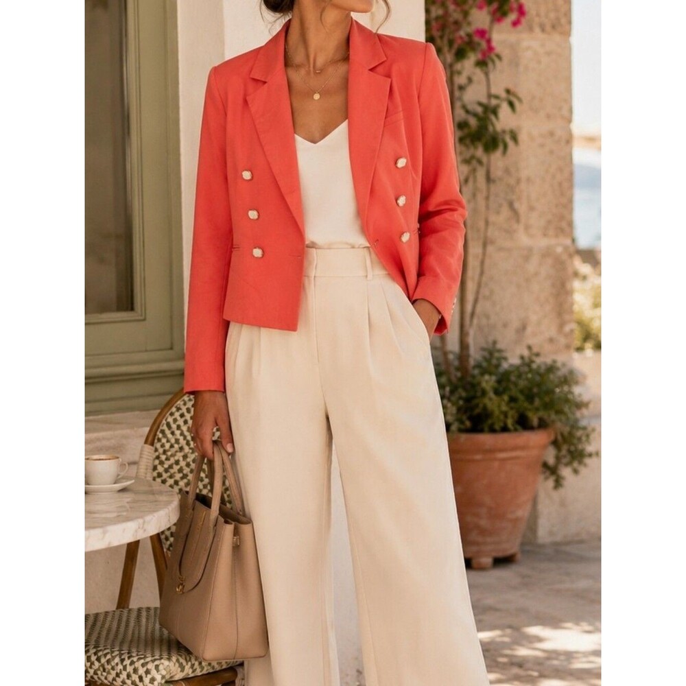 House of Harlow 1960 Coral Double Breasted Cropped Blazer Pearl Buttons S Office